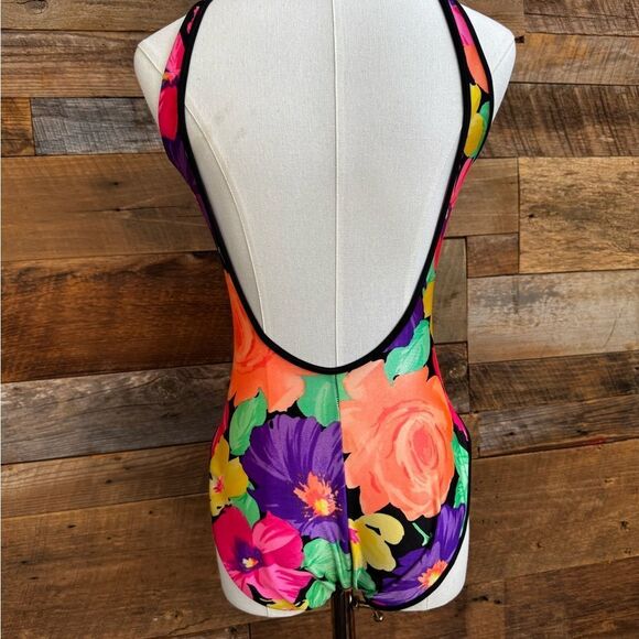 Vtg 90s LaBlanca floral 1 pc high leg deep plunge back/front hook n eye closure - Picture 10 of 11